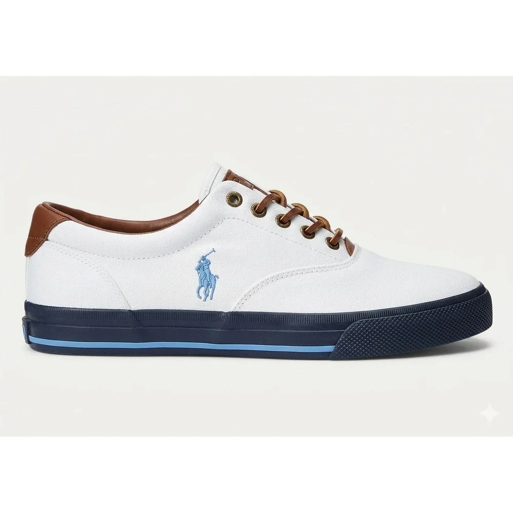 Polo Ralph Lauren Vaughn Mens 9.5D White Canvas Sneakers Navy 11501 Low Top - Picture 1 of 8